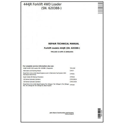John Deere 444JR Forklift 4WD Loader Pdf Technical Repair Service Manual TM11203