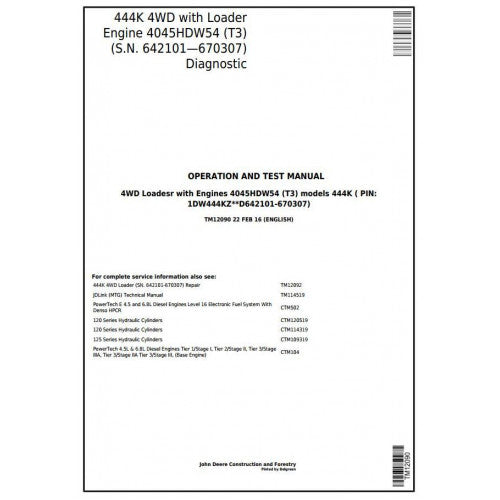 John Deere 444K 4WD Loader Pdf Diagnostic, Operation and Tests Service Manual TM12090