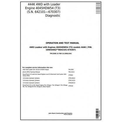 John Deere 444K 4WD Loader Pdf Diagnostic, Operation and Tests Service Manual TM12090