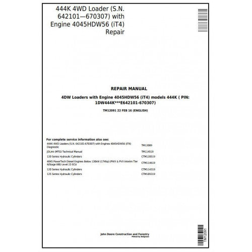 John Deere 444K 4WD Loader Pdf Technical Repair Service Manual TM12091