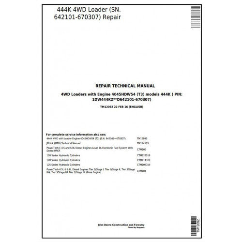 John Deere 444K 4WD Loader Pdf Technical Repair Service Manual TM12092