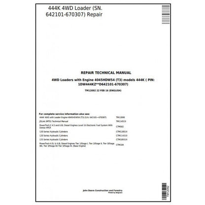 John Deere 444K 4WD Loader Pdf Technical Repair Service Manual TM12092