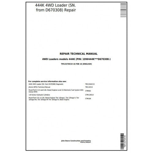 John Deere 444K 4WD Loader Pdf Technical Repair Service Manual TM13370X19