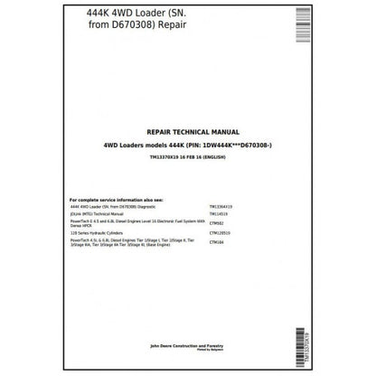 John Deere 444K 4WD Loader Pdf Technical Repair Service Manual TM13370X19