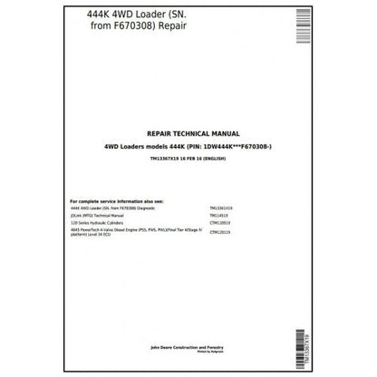 John Deere 444K 4WD Loader Pdf Technical Repair Service Manual TM13367X19