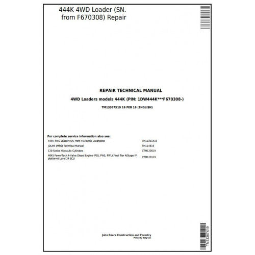 John Deere 444K 4WD Loader Pdf Technical Repair Service Manual TM13367X19