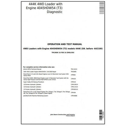 John Deere 444K (T3) 4WD Loader Pdf Diagnostic, Operation and Tests Service Manual TM10684