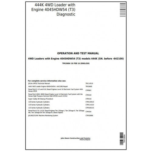 John Deere 444K (T3) 4WD Loader Pdf Diagnostic, Operation and Tests Service Manual TM10684