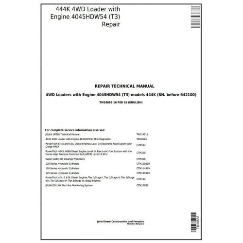 John Deere 444K (T3) 4WD Loader Pdf Technical Repair Service Manual TM10685