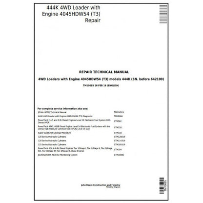 John Deere 444K (T3) 4WD Loader Pdf Technical Repair Service Manual TM10685