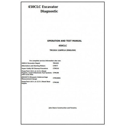 John Deere 450CLC Excavator Pdf Diagnostic, Operation and Tests Service Manual TM1924