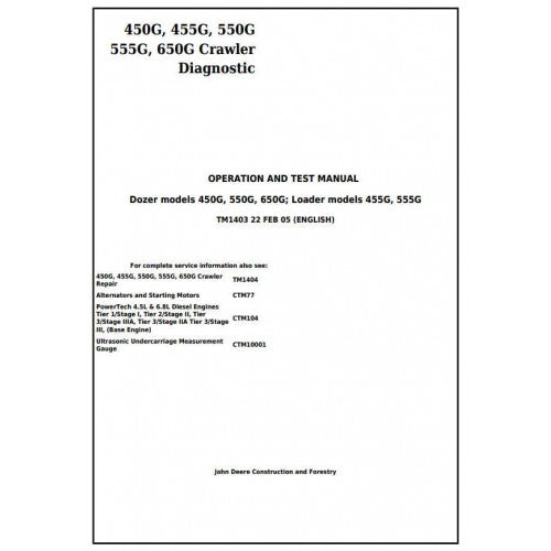 John Deere 450G, 455G, 550G, 555G, 650G Crawler Dozer/Loader Pdf Diagnostic, Operation and Tests Service Manual TM1403