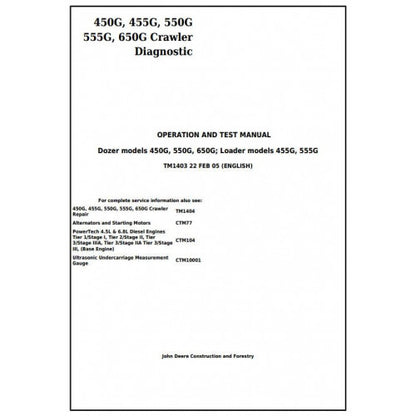 John Deere 450G, 455G, 550G, 555G, 650G Crawler Dozer/Loader Pdf Diagnostic, Operation and Tests Service Manual TM1403