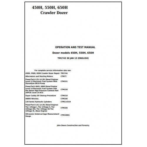John Deere 450H, 550H, 650H Crawler Dozer Pdf Diagnostic, Operation and Tests Service Manual TM1743