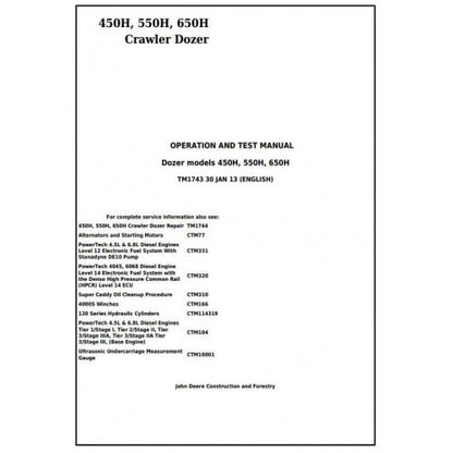 John Deere 450H, 550H, 650H Crawler Dozer Pdf Diagnostic, Operation and Tests Service Manual TM1743