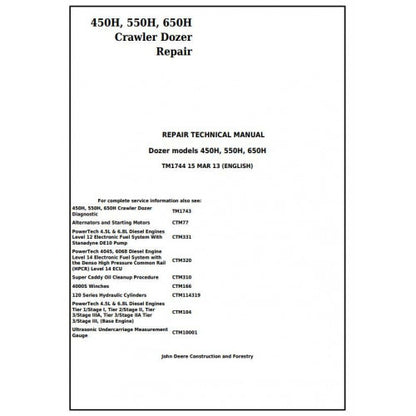 John Deere 450H, 550H, 650H Crawler Dozer Pdf Technical Repair Service Manual TM1744