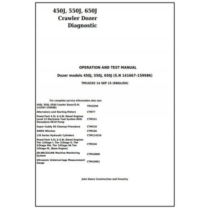 John Deere 450J, 550J, 650J Crawler Dozer Pdf Diagnostic, Operation and Tests Service Manual TM10292