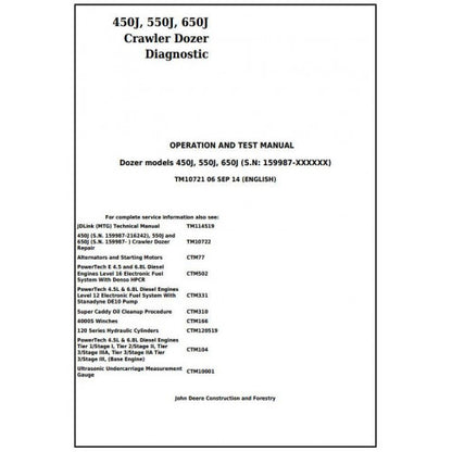 John Deere 450J, 550J, 650J Crawler Dozer Pdf Diagnostic, Operation and Tests Service Manual TM10721