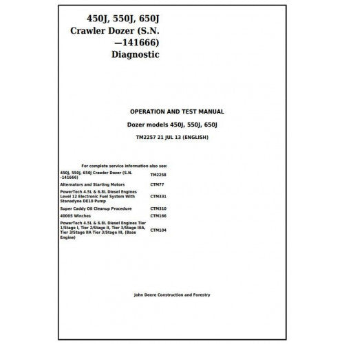 John Deere 450J, 550J, 650J Crawler Dozer Pdf Diagnostic Technical Service Manual TM2257