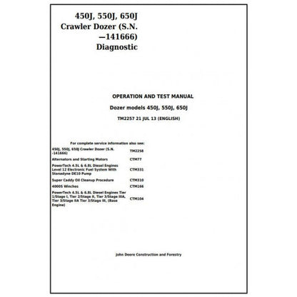 John Deere 450J, 550J, 650J Crawler Dozer Pdf Diagnostic Technical Service Manual TM2257