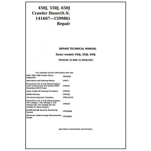 John Deere 450J, 550J, 650J Crawler Dozer Pdf Technical Repair Service Manual TM10294