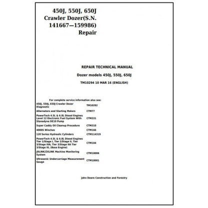 John Deere 450J, 550J, 650J Crawler Dozer Pdf Technical Repair Service Manual TM10294