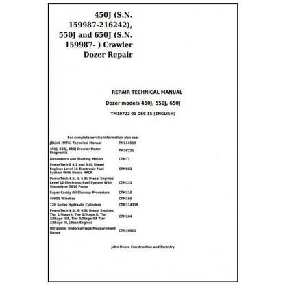 John Deere 450J, 550J, 650J Crawler Dozer Pdf Technical Repair Service Manual TM10722