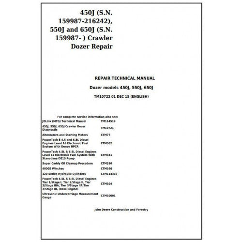 John Deere 450J, 550J, 650J Crawler Dozer Pdf Technical Repair Service Manual TM10722