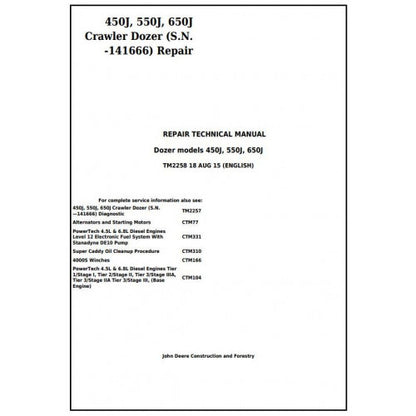 John Deere 450J, 550J, 650J Crawler Dozer Pdf Technical Repair Service Manual TM2258