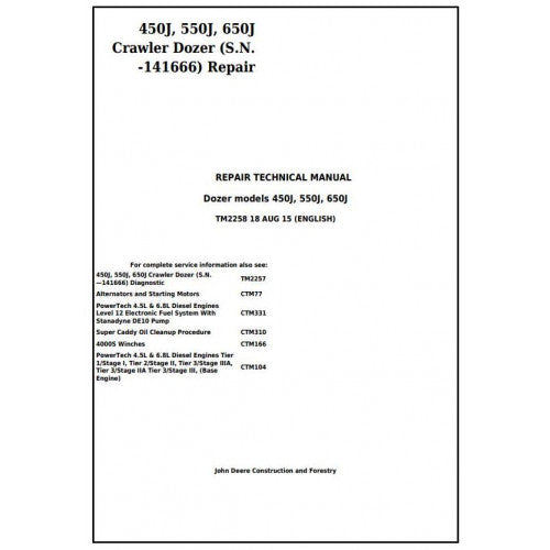 John Deere 450J, 550J, 650J Crawler Dozer Pdf Technical Repair Service Manual TM2258
