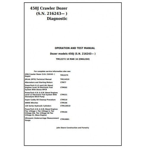 John Deere 450J Crawler Dozer Pdf Diagnostic, Operation and Tests Service Manual TM12272