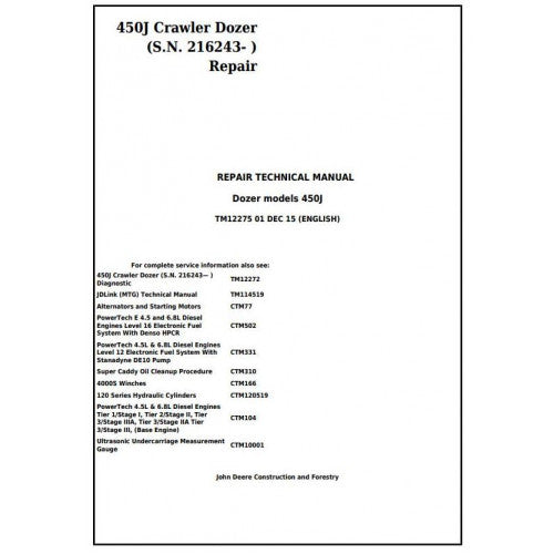 John Deere 450J Crawler Dozer Pdf Technical Repair Service Manual TM12275