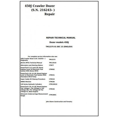 John Deere 450J Crawler Dozer Pdf Technical Repair Service Manual TM12275