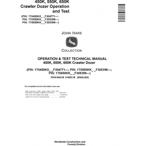 John Deere 450K, 550K, 650K Crawler Dozer Pdf Diagnostic Technical Service Manual TM14162X19
