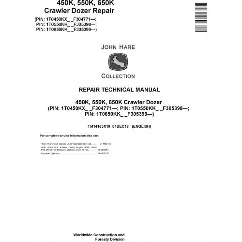 John Deere 450K, 550K, 650K Crawler Dozer Pdf Technical Repair Service Manual TM14163X19