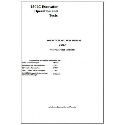John Deere 450LC Excavator Pdf Diagnostic, Operation and Tests Service Manual TM1671