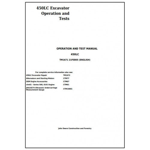 John Deere 450LC Excavator Pdf Diagnostic, Operation and Tests Service Manual TM1671