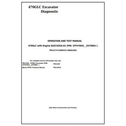 John Deere 470GLC Excavator Pdf Diagnostic, Operation and Tests Service Manual TM12174