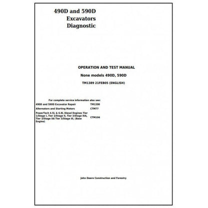 John Deere 490D and 590D Excavator Pdf Diagnostic, Operation and Tests Service Manual TM1389