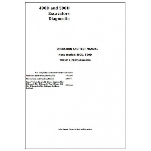 John Deere 490D and 590D Excavator Pdf Diagnostic, Operation and Tests Service Manual TM1389