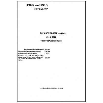 John Deere 490D and 590D Excavator Pdf Technical Repair Service Manual TM1390