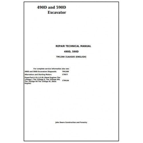 John Deere 490D and 590D Excavator Pdf Technical Repair Service Manual TM1390