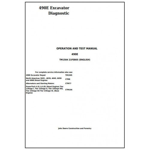 John Deere 490E Excavator Pdf Diagnostic, Operation and Tests Service Manual TM1504