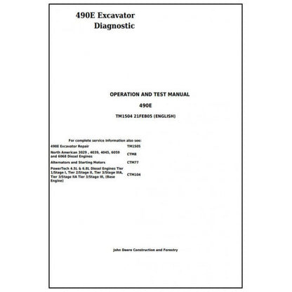 John Deere 490E Excavator Pdf Diagnostic, Operation and Tests Service Manual TM1504