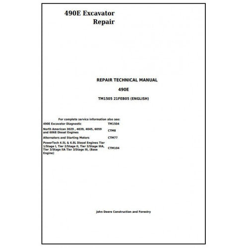 John Deere 490E Excavator Pdf Technical Repair Service Manual TM1505