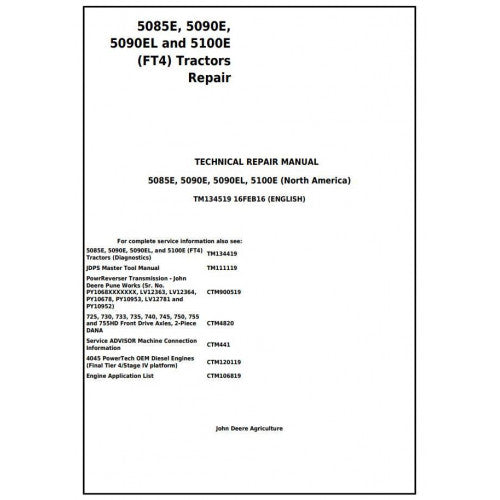 John Deere 5085E, 5090E, 5090EL, 5100E (FT4) Tractor Pdf Technical Repair Manual TM134519