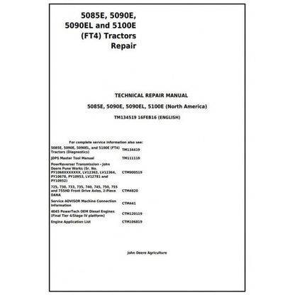 John Deere 5085E, 5090E, 5090EL, 5100E (FT4) Tractor Pdf Technical Repair Manual TM134519