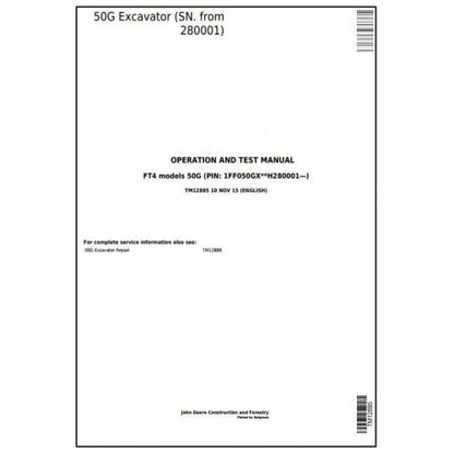 John Deere 50G Compact Excavator Pdf Diagnostic, Operation and Tests Service Manual TM12885