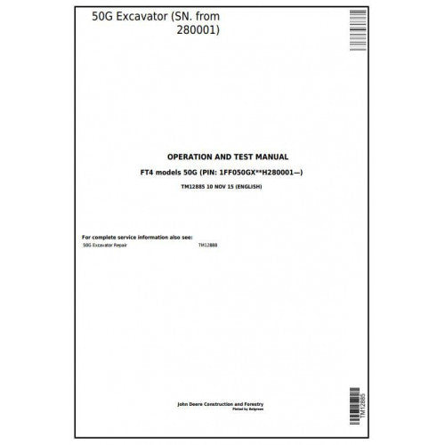 John Deere 50G Compact Excavator Pdf Diagnostic, Operation and Tests Service Manual TM12885