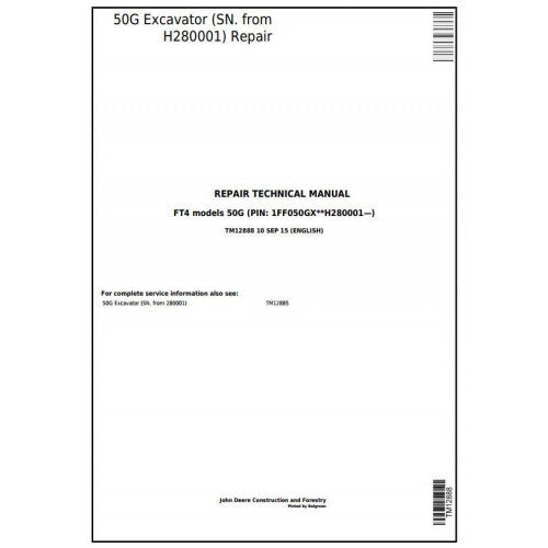 John Deere 50G Compact Excavator Pdf Technical Repair Service Manual TM12888